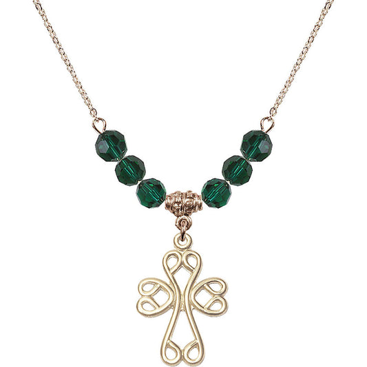14kt Gold Filled Scroll Cross Birthstone Necklace with Emerald Beads - 5998