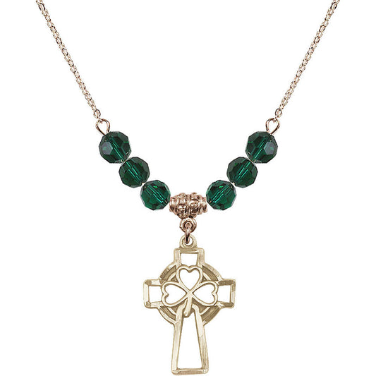 14kt Gold Filled Shamrock Cross Birthstone Necklace with Emerald Beads - 5999