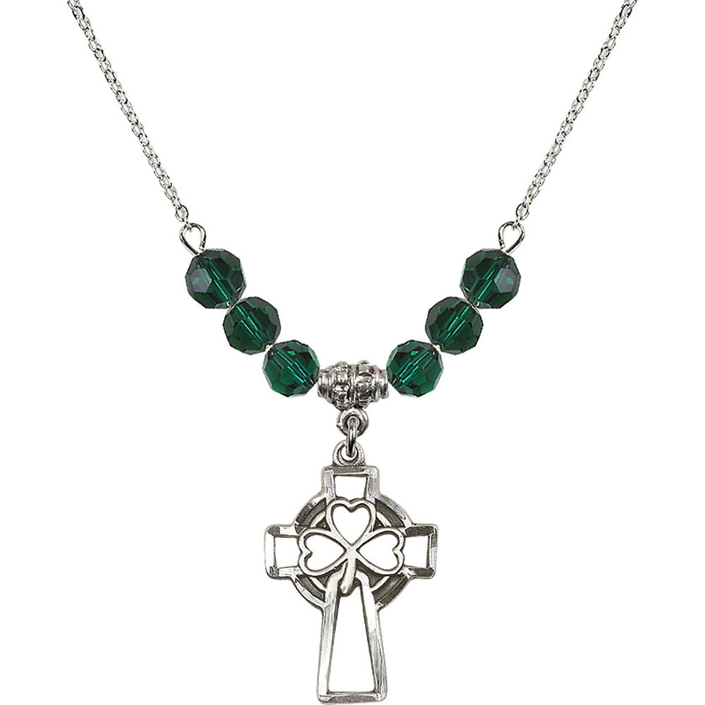 Sterling Silver Shamrock Cross Birthstone Necklace with Emerald Beads - 5999