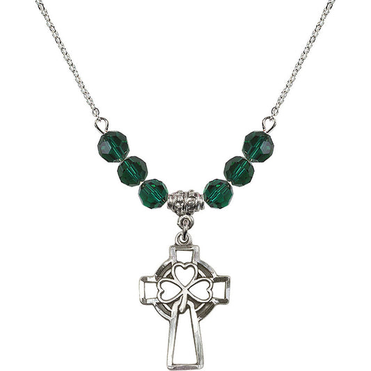 Sterling Silver Shamrock Cross Birthstone Necklace with Emerald Beads - 5999