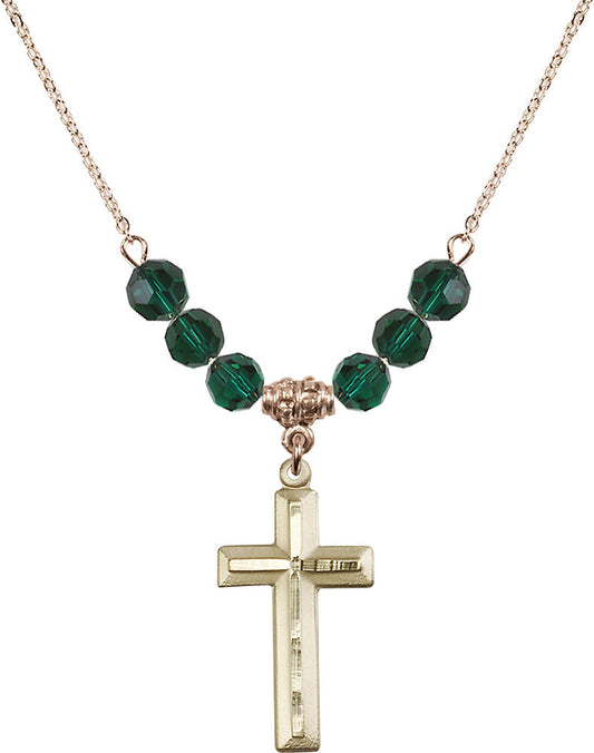 14kt Gold Filled Cross Birthstone Necklace with Emerald Beads - 6000