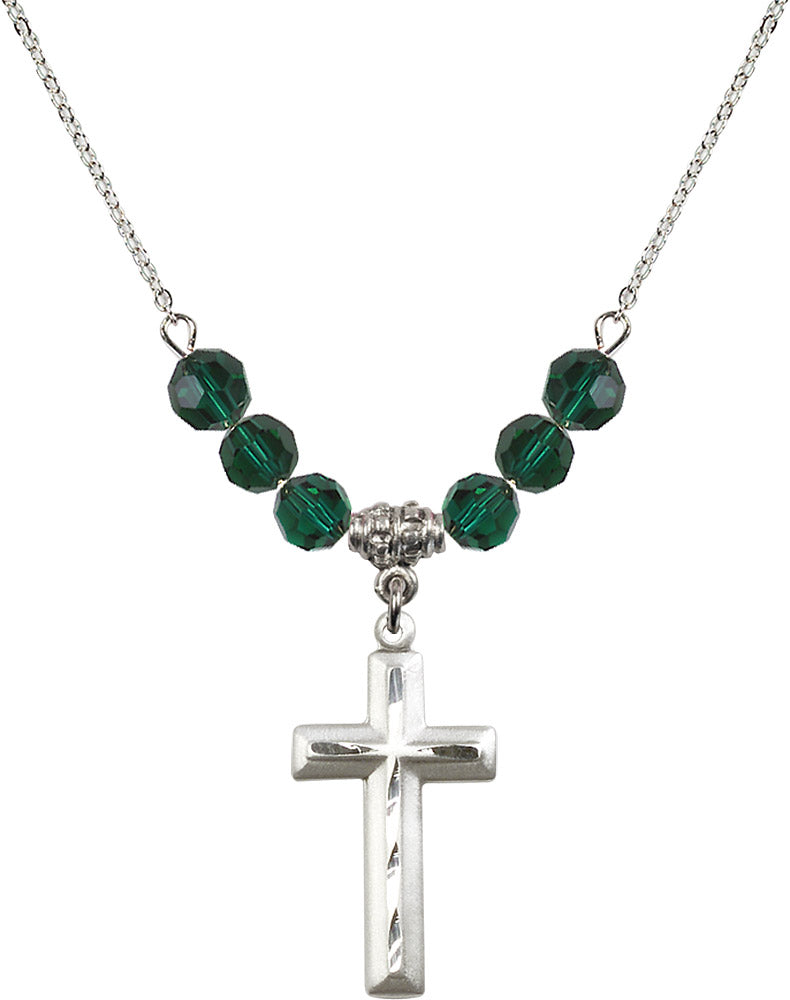 Sterling Silver Cross Birthstone Necklace with Emerald Beads - 6000