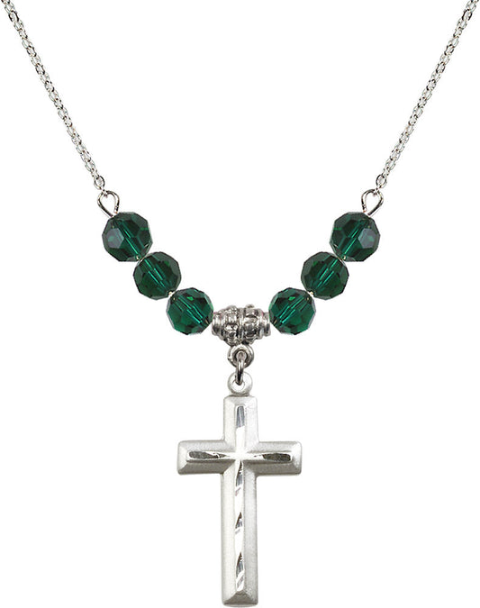 Sterling Silver Cross Birthstone Necklace with Emerald Beads - 6000