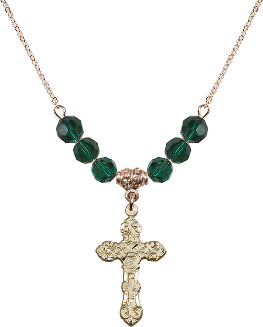 14kt Gold Filled Cross Birthstone Necklace with Emerald Beads - 6001