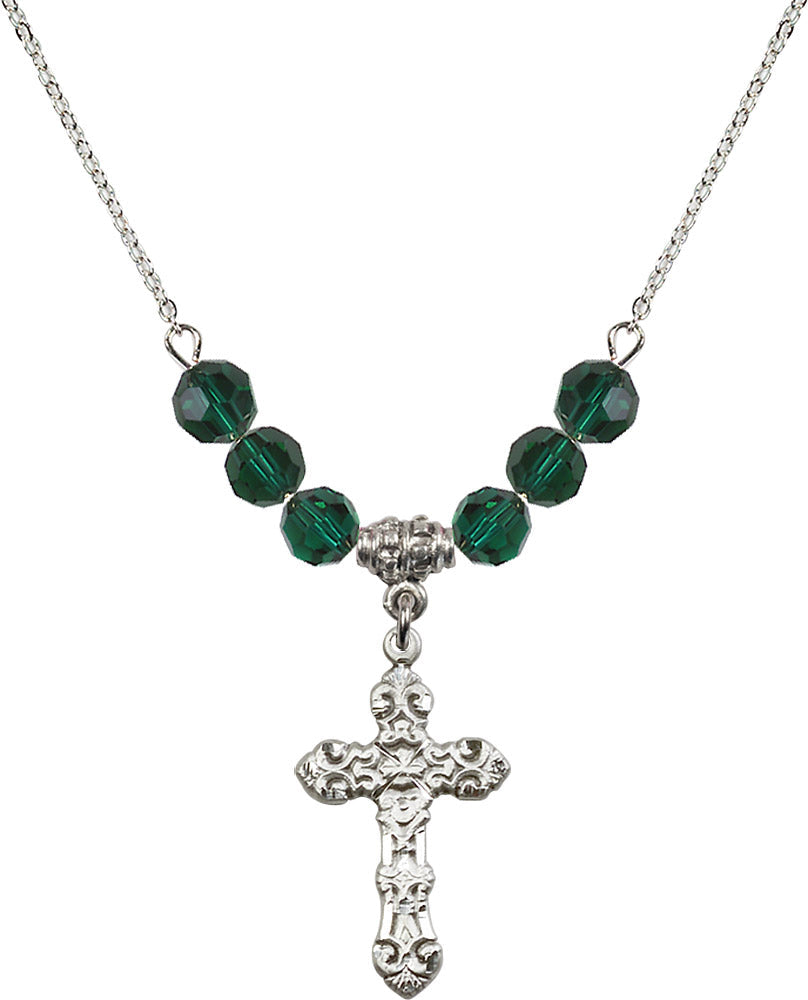Sterling Silver Cross Birthstone Necklace with Emerald Beads - 6001
