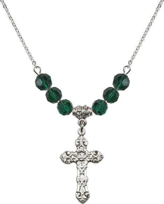 Sterling Silver Cross Birthstone Necklace with Emerald Beads - 6001
