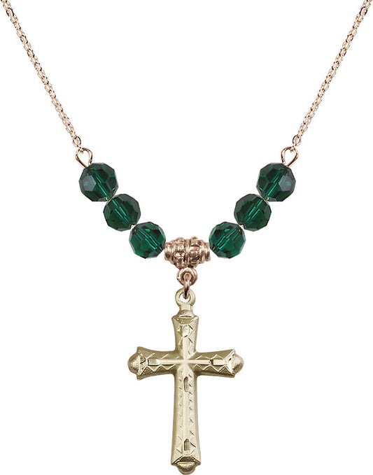 14kt Gold Filled Cross Birthstone Necklace with Emerald Beads - 6007