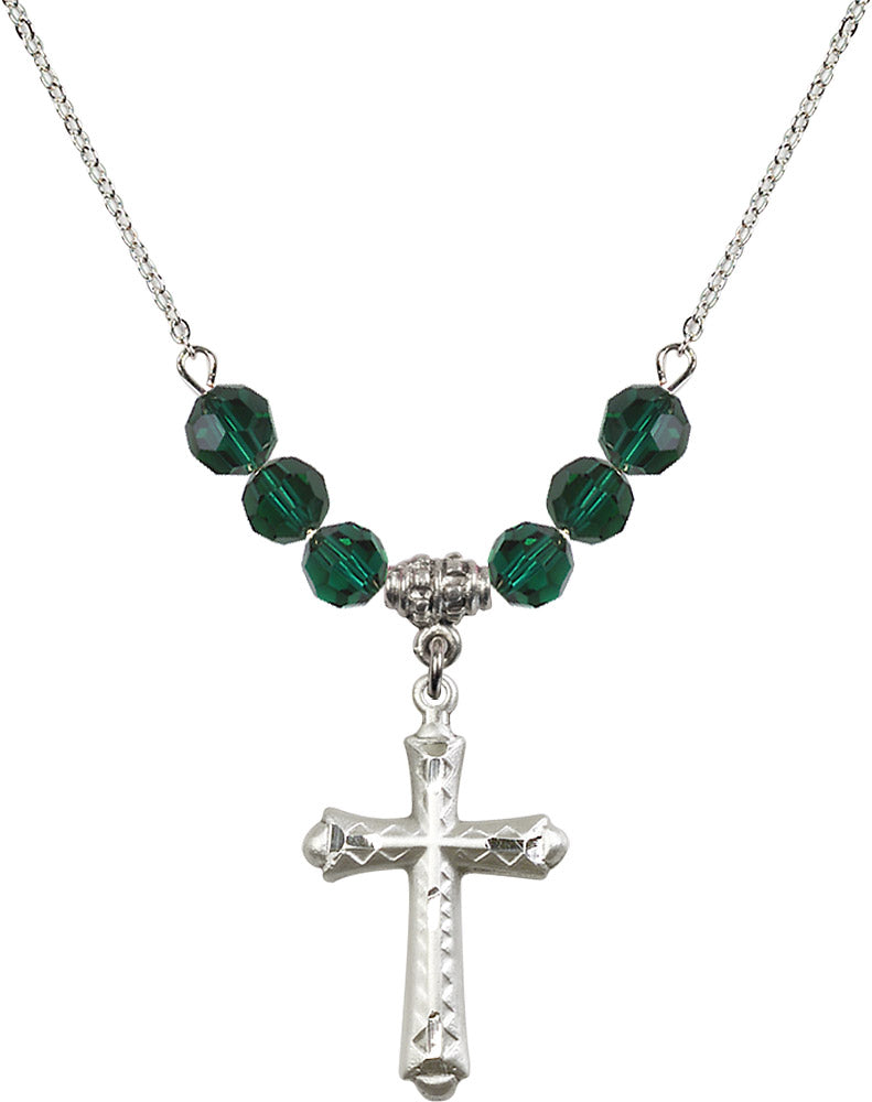 Sterling Silver Cross Birthstone Necklace with Emerald Beads - 6007