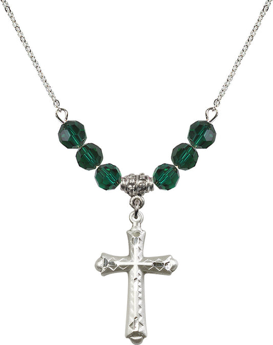 Sterling Silver Cross Birthstone Necklace with Emerald Beads - 6007