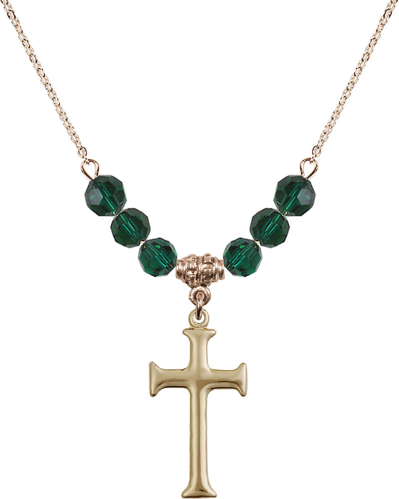 14kt Gold Filled Cross Birthstone Necklace with Emerald Beads - 6008