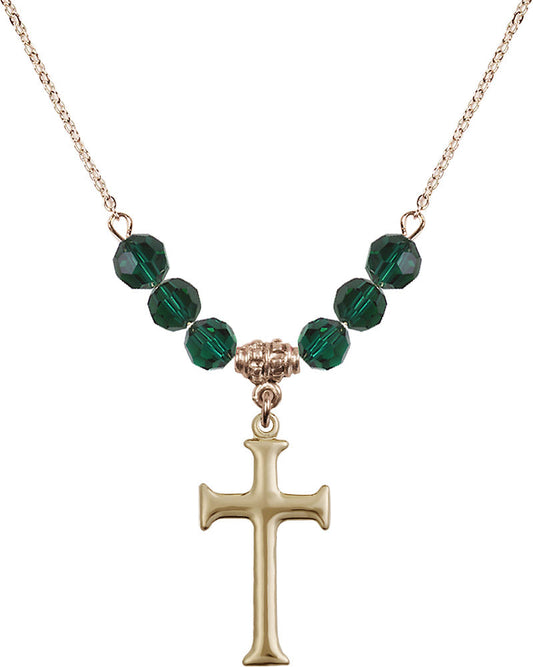 14kt Gold Filled Cross Birthstone Necklace with Emerald Beads - 6008