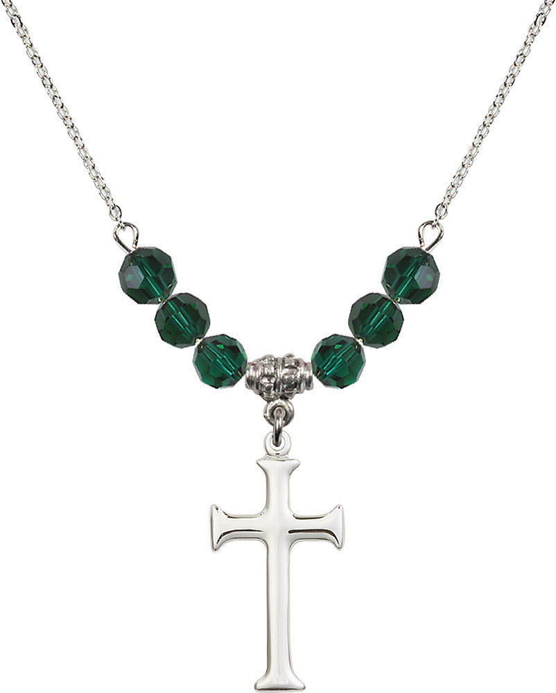 Sterling Silver Cross Birthstone Necklace with Emerald Beads - 6008