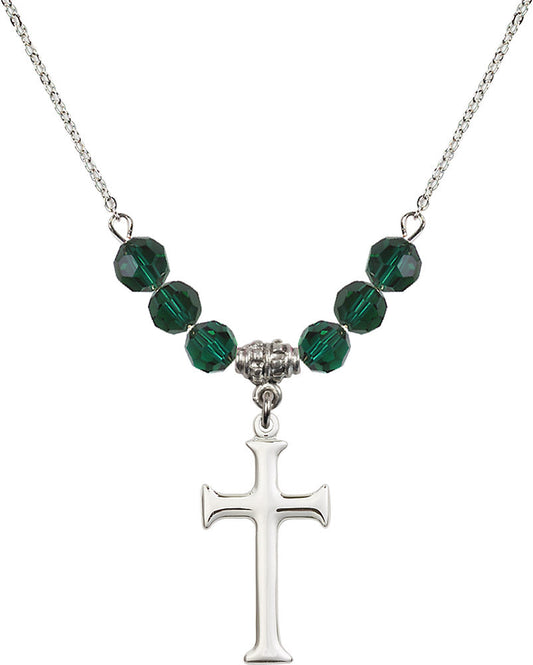 Sterling Silver Cross Birthstone Necklace with Emerald Beads - 6008
