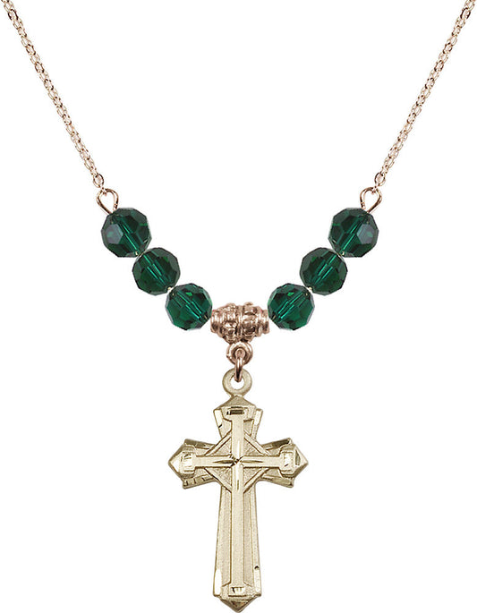 14kt Gold Filled Cross Birthstone Necklace with Emerald Beads - 6012