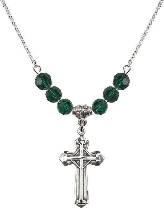 Sterling Silver Cross Birthstone Necklace with Emerald Beads - 6012