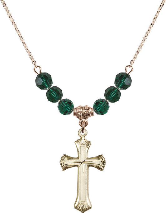 14kt Gold Filled Cross Birthstone Necklace with Emerald Beads - 6013