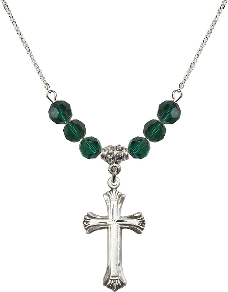 Sterling Silver Cross Birthstone Necklace with Emerald Beads - 6013