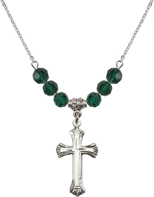 Sterling Silver Cross Birthstone Necklace with Emerald Beads - 6013