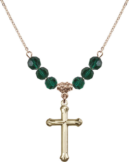 14kt Gold Filled Cross Birthstone Necklace with Emerald Beads - 6022
