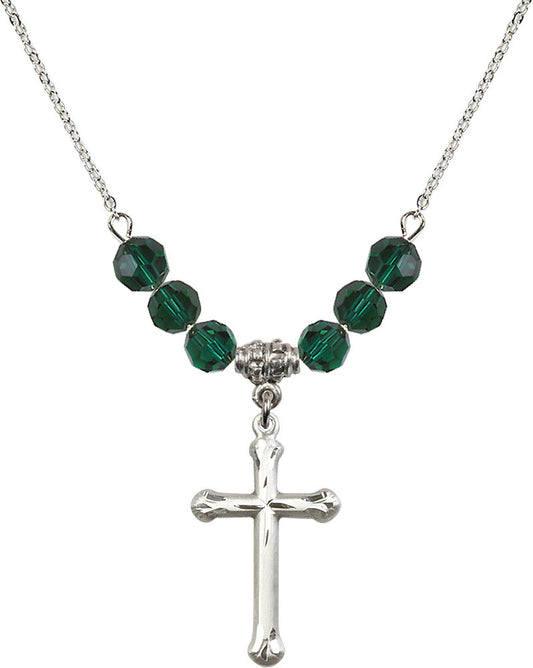 Sterling Silver Cross Birthstone Necklace with Emerald Beads - 6022