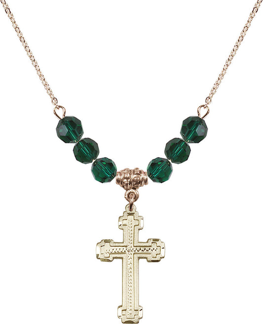 14kt Gold Filled Cross Birthstone Necklace with Emerald Beads - 6039