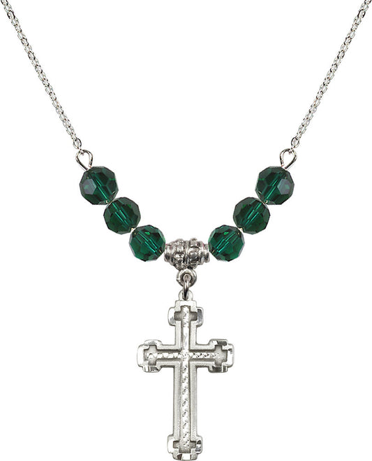 Sterling Silver Cross Birthstone Necklace with Emerald Beads - 6039