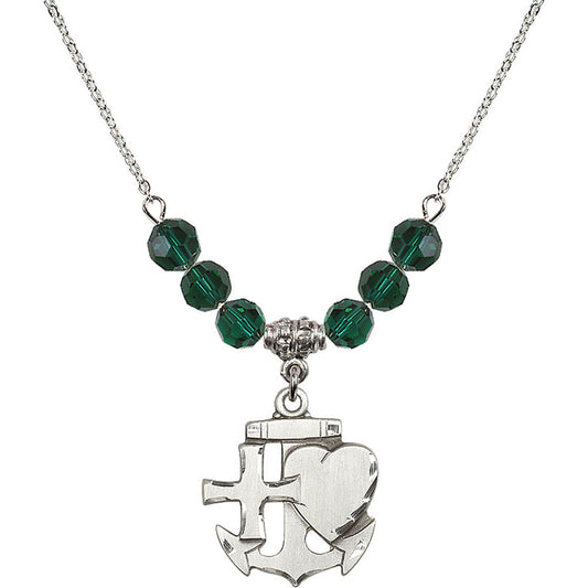 Sterling Silver Faith, Hope & Charity Birthstone Necklace with Emerald Beads - 6045