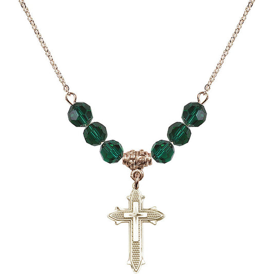 14kt Gold Filled Cross on Cross Birthstone Necklace with Emerald Beads - 6058