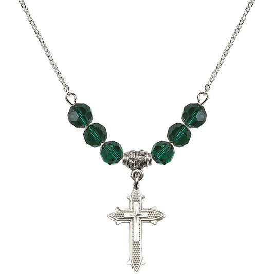 Sterling Silver Cross on Cross Birthstone Necklace with Emerald Beads - 6058