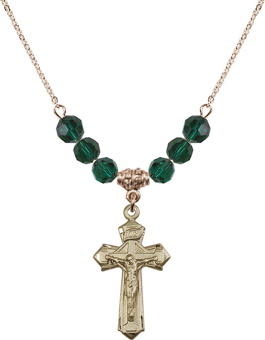 14kt Gold Filled Crucifix Birthstone Necklace with Emerald Beads - 6092