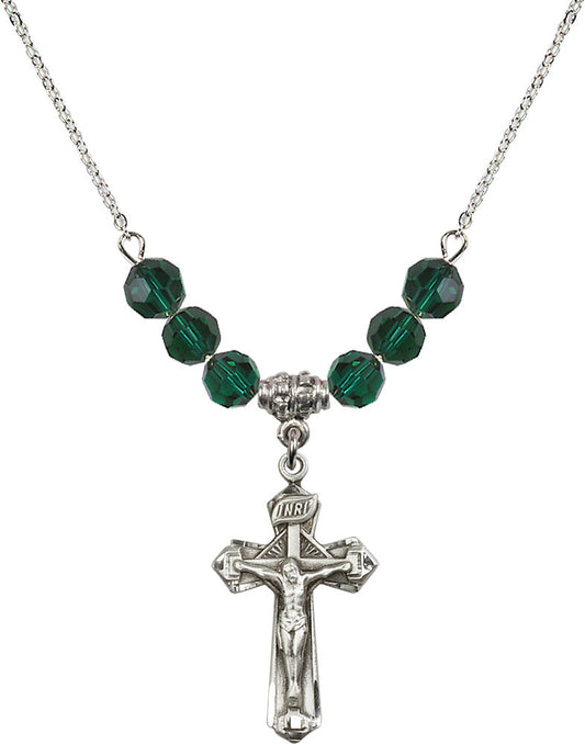 Sterling Silver Crucifix Birthstone Necklace with Emerald Beads - 6092