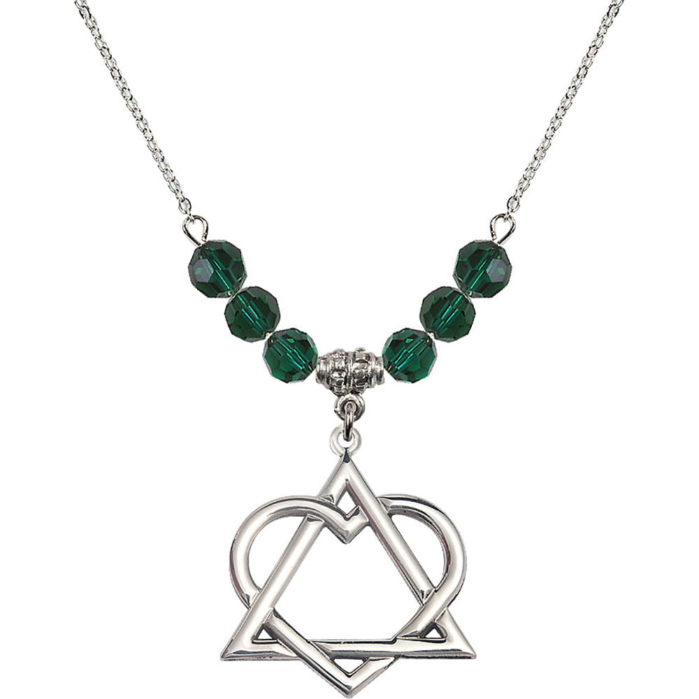 Sterling Silver Adoption Heart Birthstone Necklace with Emerald Beads - 6210