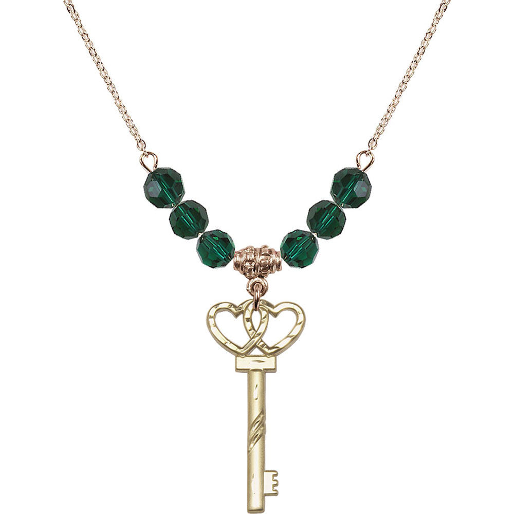 14kt Gold Filled Small Key w/Double Hearts Birthstone Necklace with Emerald Beads - 6213