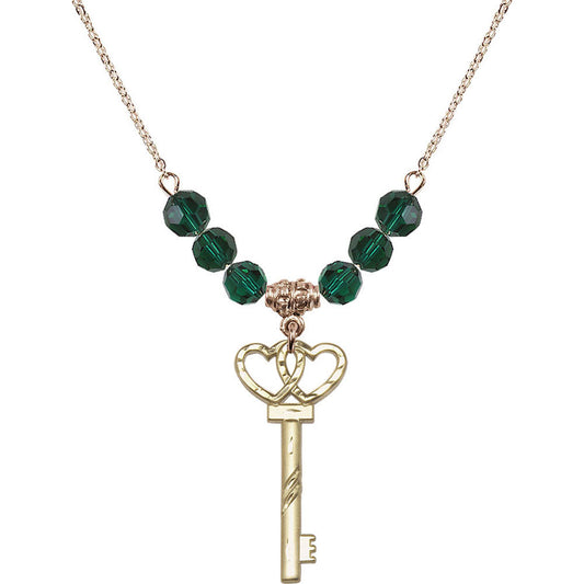 14kt Gold Filled Small Key w/Double Hearts Birthstone Necklace with Emerald Beads - 6213