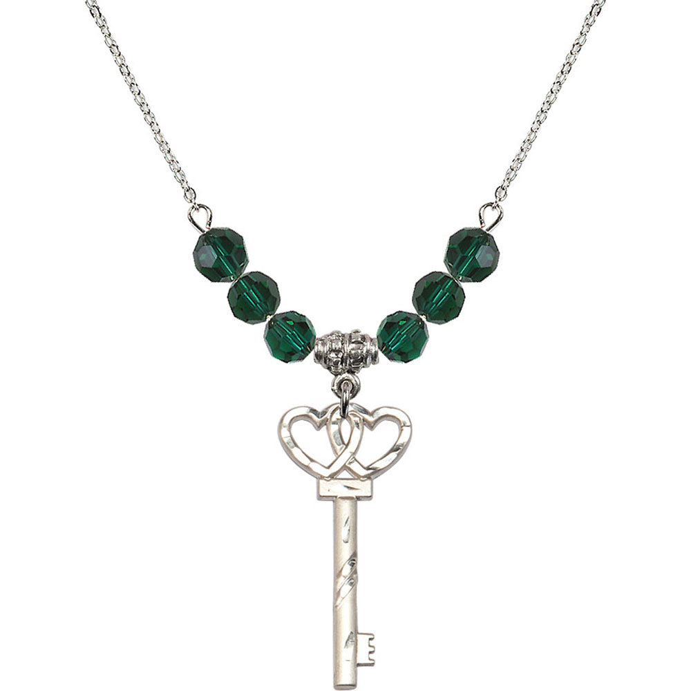 Sterling Silver Small Key w/Double Hearts Birthstone Necklace with Emerald Beads - 6213