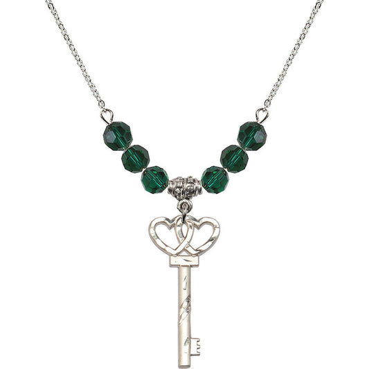 Sterling Silver Small Key w/Double Hearts Birthstone Necklace with Emerald Beads - 6213