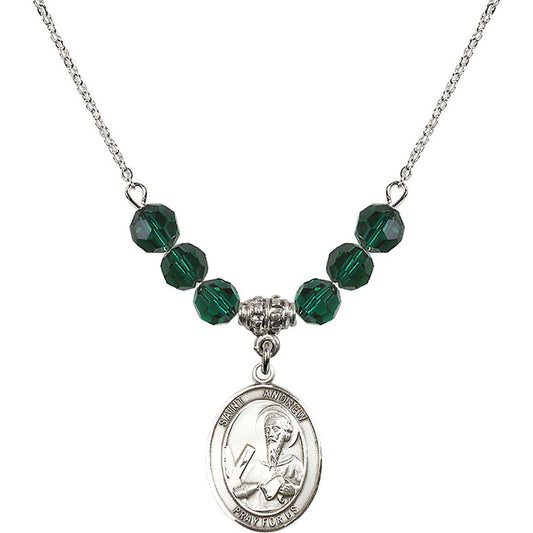 Sterling Silver Saint Andrew the Apostle Birthstone Necklace with Emerald Beads - 8000