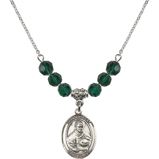 Sterling Silver Saint Albert the Great Birthstone Necklace with Emerald Beads - 8001