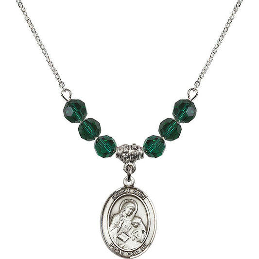 Sterling Silver Saint Ann Birthstone Necklace with Emerald Beads - 8002