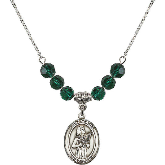 Sterling Silver Saint Agatha Birthstone Necklace with Emerald Beads - 8003