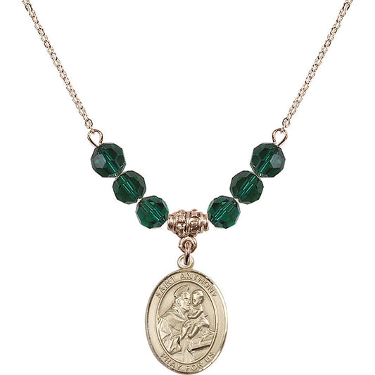 14kt Gold Filled Saint Anthony of Padua Birthstone Necklace with Emerald Beads - 8004