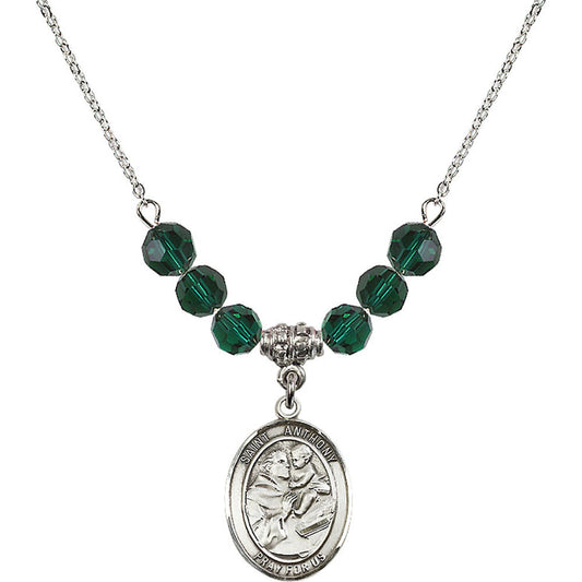 Sterling Silver Saint Anthony of Padua Birthstone Necklace with Emerald Beads - 8004