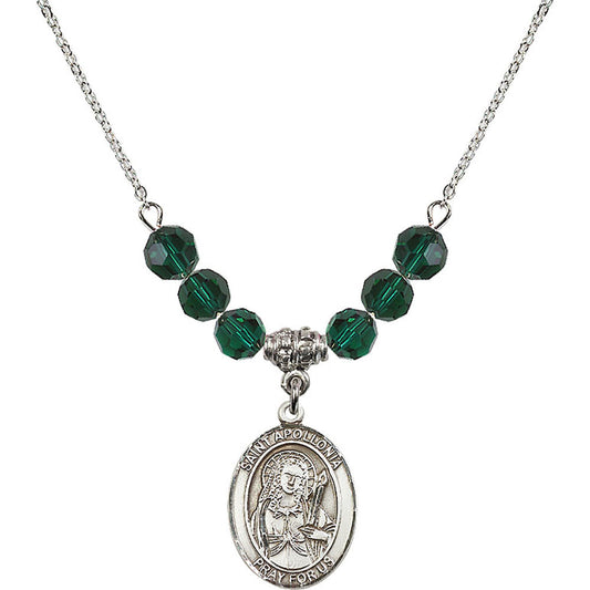 Sterling Silver Saint Apollonia Birthstone Necklace with Emerald Beads - 8005