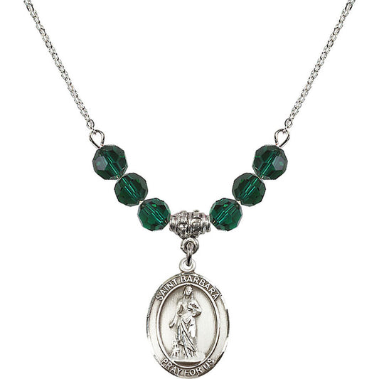 Sterling Silver Saint Barbara Birthstone Necklace with Emerald Beads - 8006