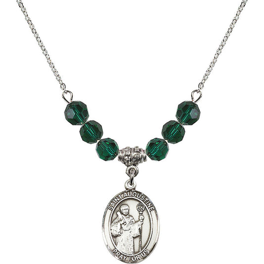 Sterling Silver Saint Augustine Birthstone Necklace with Emerald Beads - 8007