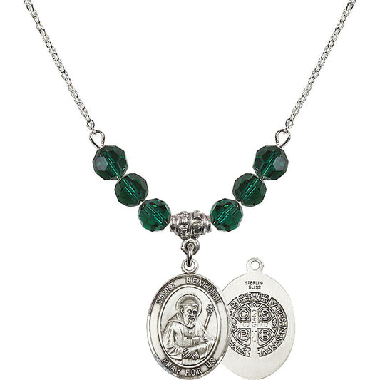 Sterling Silver Saint Benedict Birthstone Necklace with Emerald Beads - 8008
