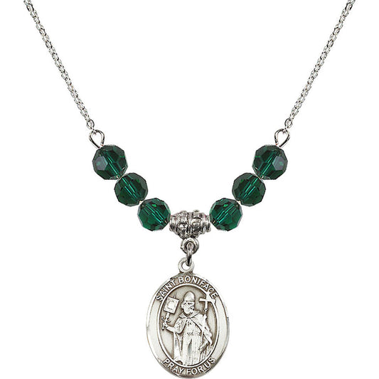 Sterling Silver Saint Boniface Birthstone Necklace with Emerald Beads - 8009