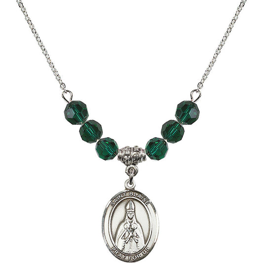 Sterling Silver Saint Blaise Birthstone Necklace with Emerald Beads - 8010