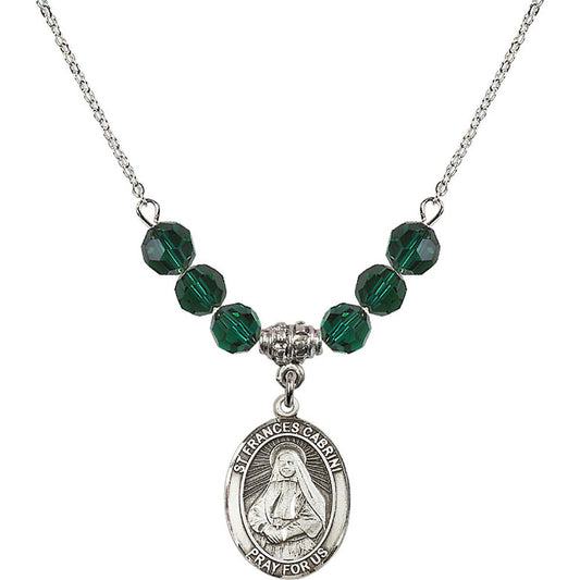 Sterling Silver Saint Frances Cabrini Birthstone Necklace with Emerald Beads - 8011