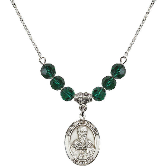 Sterling Silver Saint Alexander Sauli Birthstone Necklace with Emerald Beads - 8012